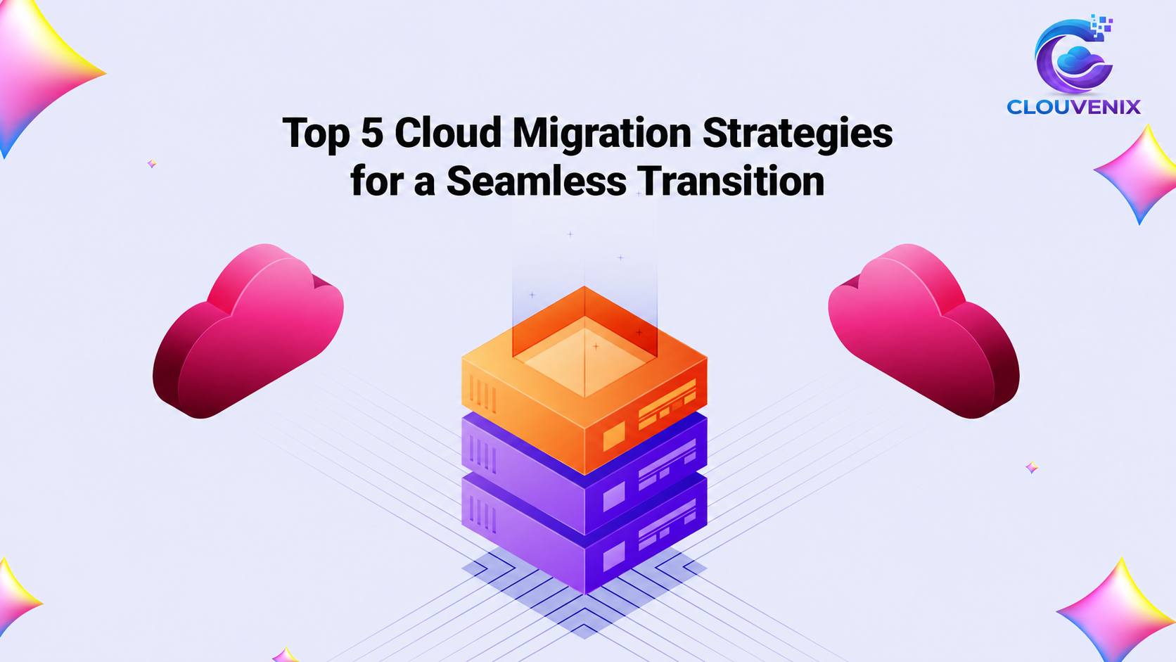 Top 5 cloud migration strategies for a seamless transition, with the Clouvenix logo